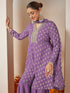 Janasya Women's Purple Georgette Embellished Gold Printed A-line Kurta With Sharara & Dupatta Set